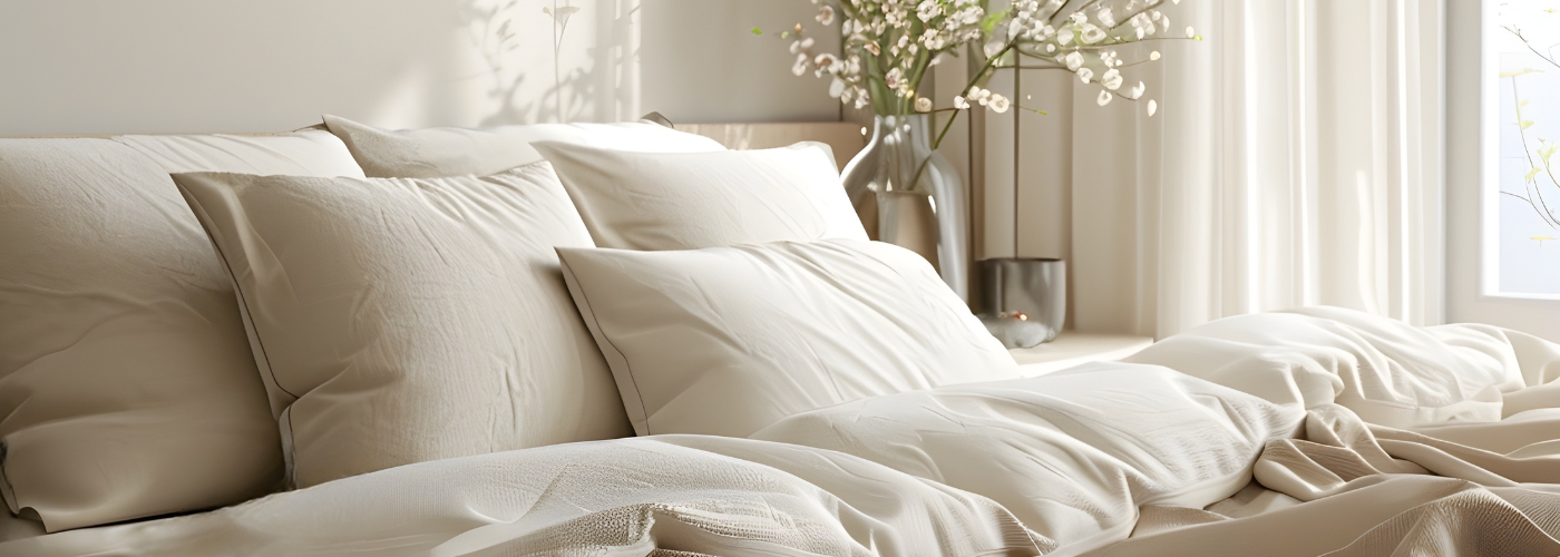 Gemachtes Bett mit mehreren beigen Kissen und Decken in einem hell eingerichteten Schlafzimmer, daneben eine Vase mit weißen Blüten.